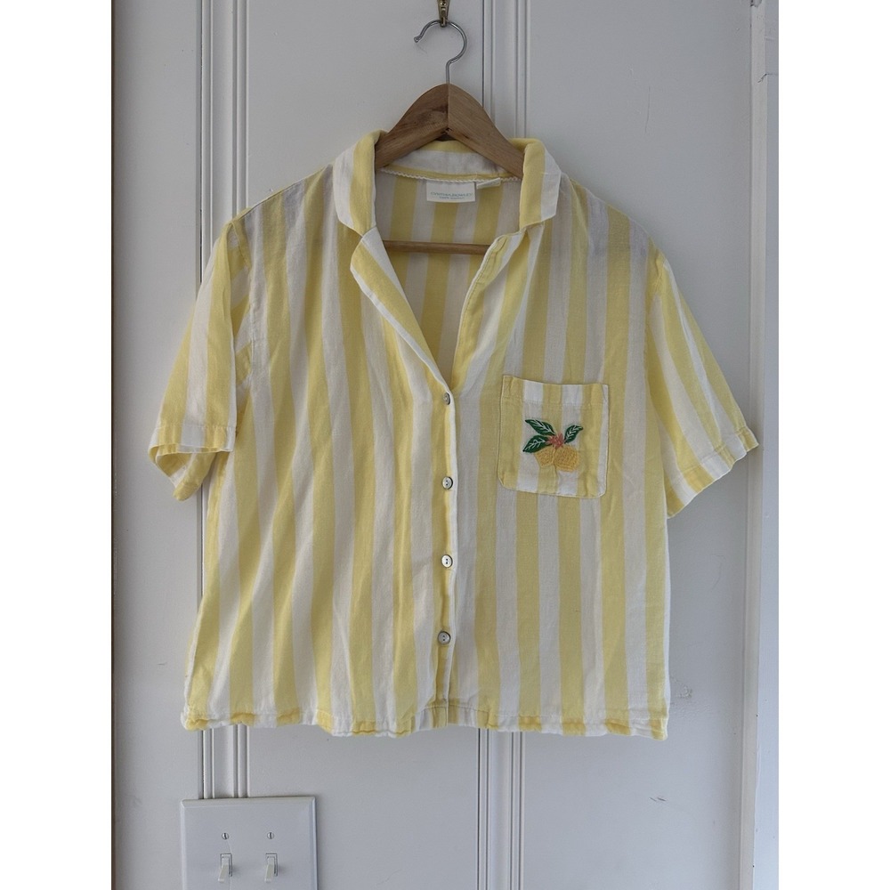 Cynthia Rowley Yellow White Stripe Lemon Embroidered Button Shirt Top Medium M